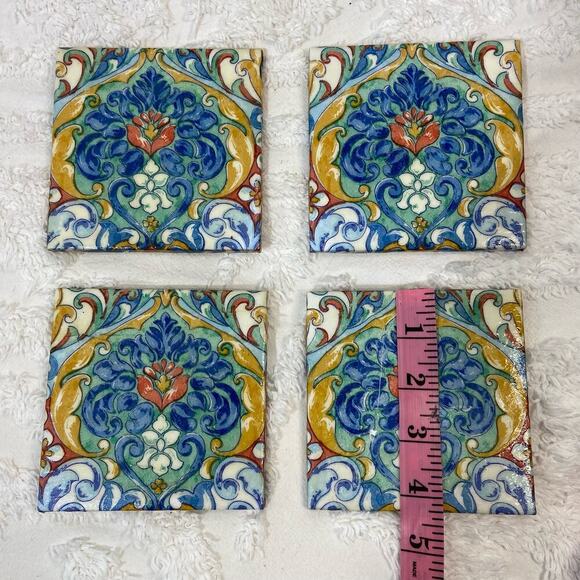 HANDMADE Cork Coaster Set of 4 Spanish Tile Style Vibrant Hacienda Tuscan Casita - Picture 6 of 6